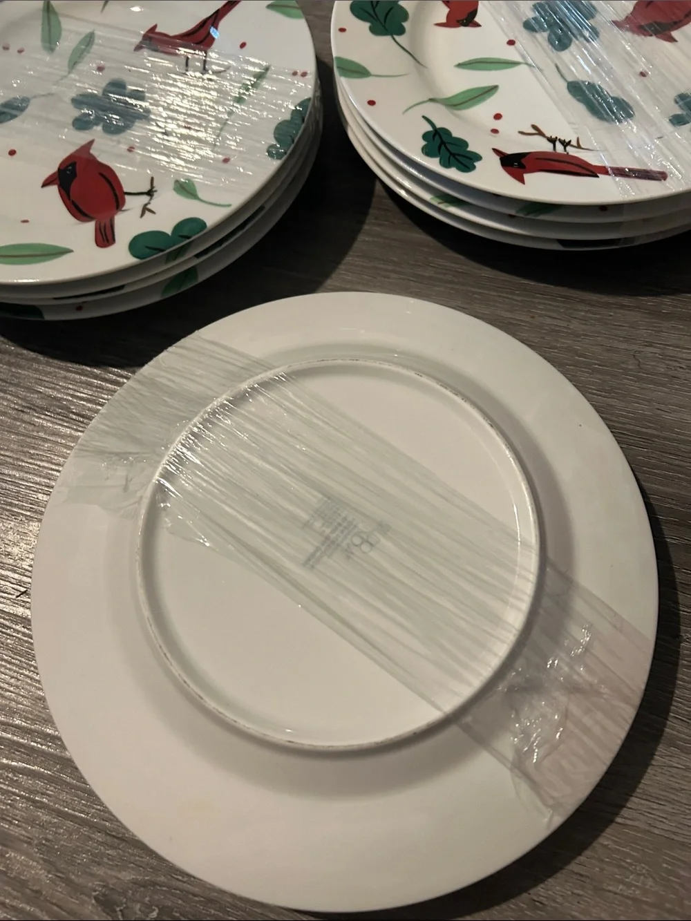 Red Cardinal Salad Plates with Green Leaf Pattern - 12 pieces